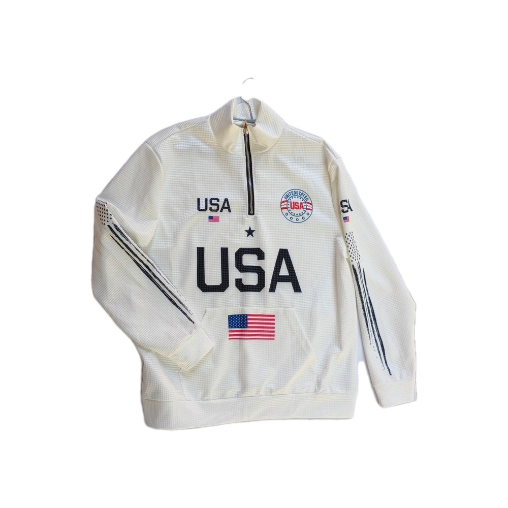 USA Sweater White 1/4 Zip Waffle Knit Pullover Patriotic American Flag Medium